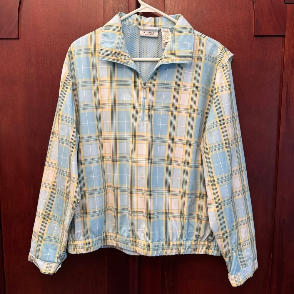 Liz Golf Plaid Long Sleeve Quarter Zip Pullover Jacket - Blue Yellow White Sz L